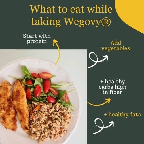 What to eat while taking Wegovy (semaglutide): a dietitian's guide to protein, non-starchy vegetables, healthy fats, and complex carbohydrates.