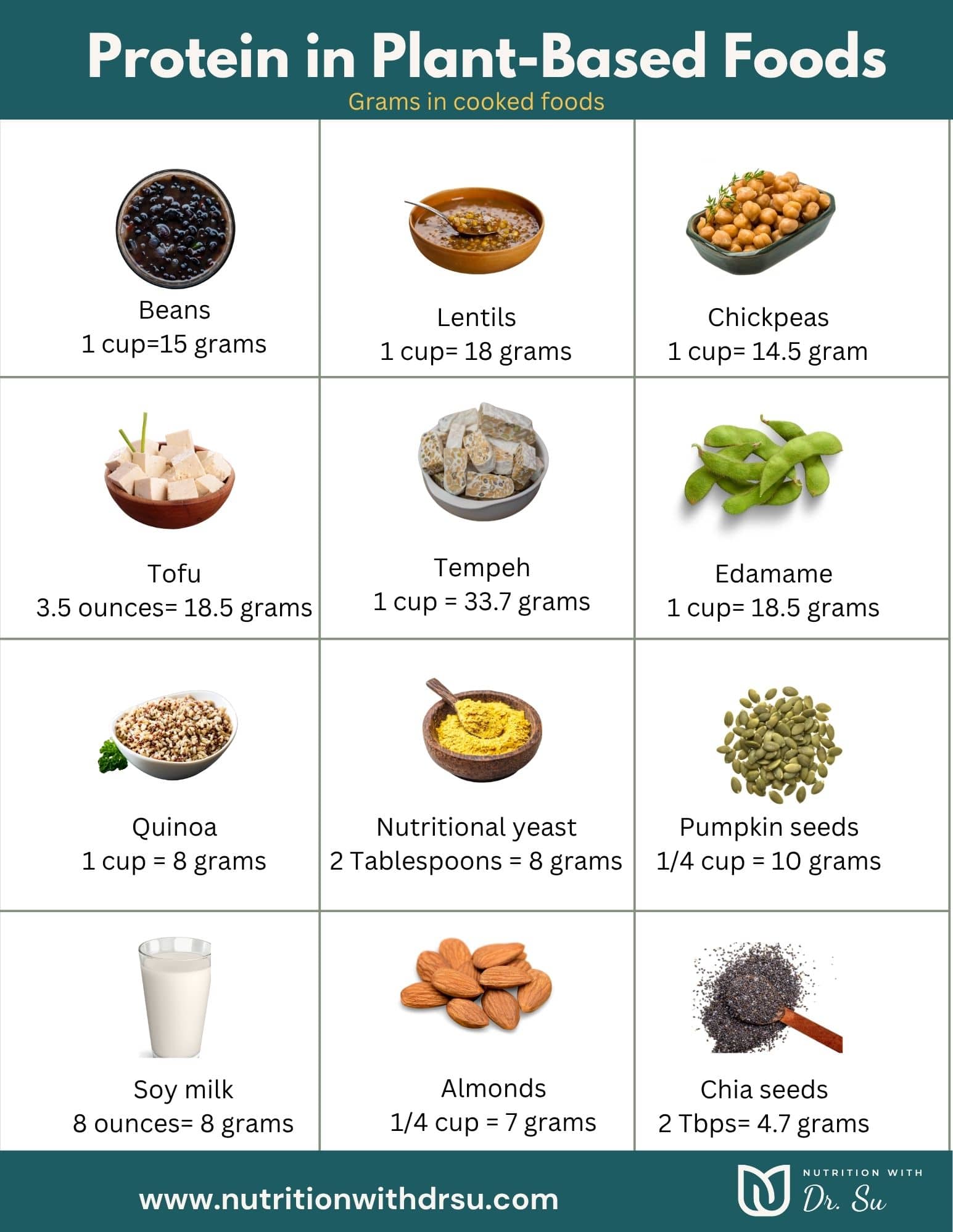 Protein in plant-based foods: beans, lentils, chickpeas, tofu, tempeh, edamame, quinoa, nutritional yeast, pumpkin seeds, soy milk, almonds, and chia seeds